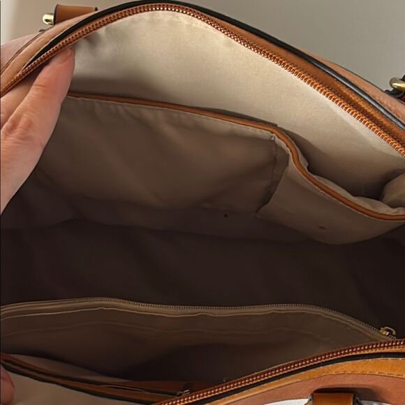 Brown and White Striped Tote with Faux Leather Trim 15” x 7” x 9” - Picture 9 of 9